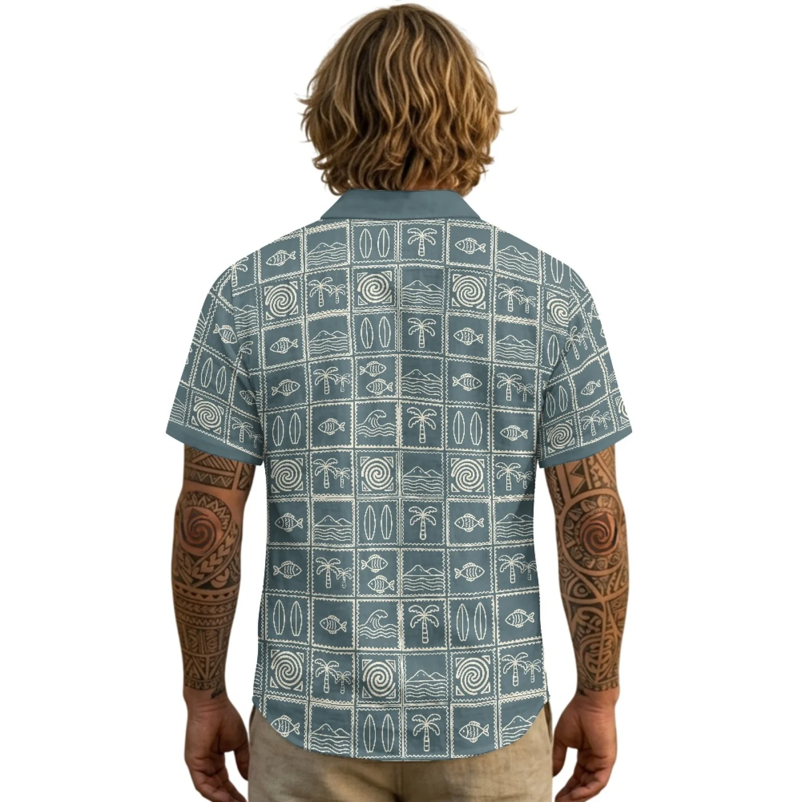 PENSTROLL Surf Icons Pattern Linen Like Short-Sleeve Hawaiian Shirt Men's Top for mens Lightweight Hawaiian Shirts