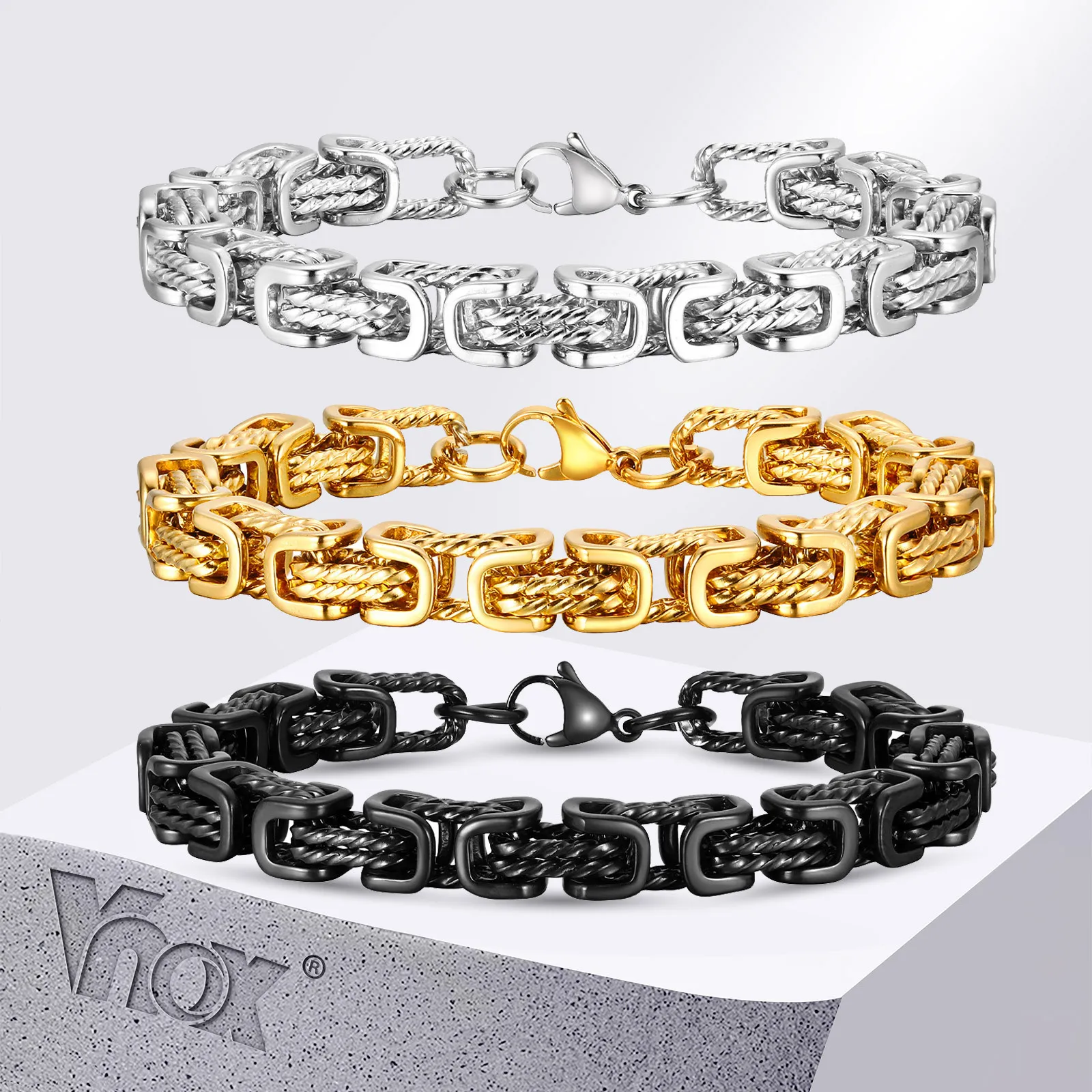 Vnox 8mm Creative Byzantine Bracelets for Men Boys, Punk Hiphop Chain Bracelet, Black Geometric Link Motorcycle Wristband Gift