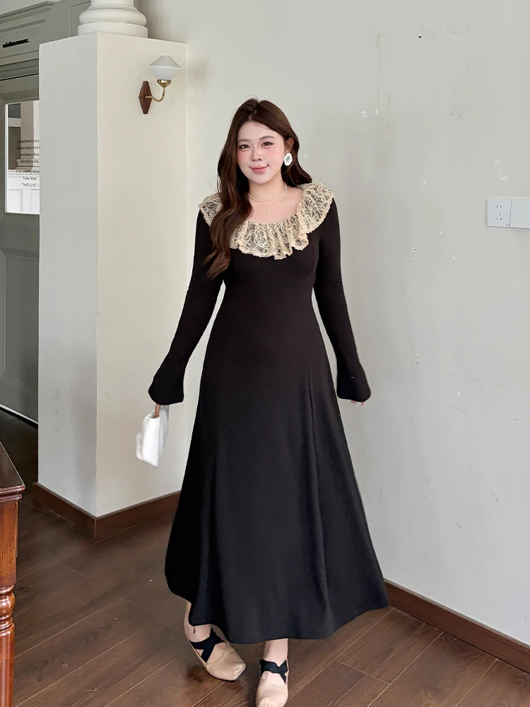 

Вязаное платье макси с эффектом похудения для женщин больших размеров, с кружевным дизайном, удобное, с высокой талией, длинное, черное