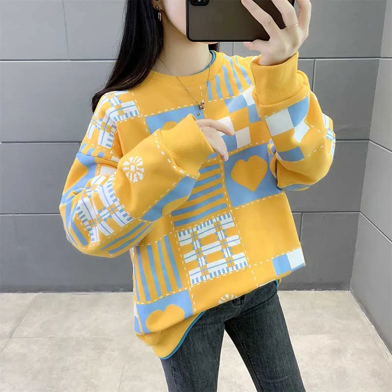Sweet O-Neck Printed Loose All-match Sweatshirts Female Clothing 2023 Autumn Winter Oversized Korean Tops Casual Sweatshirts