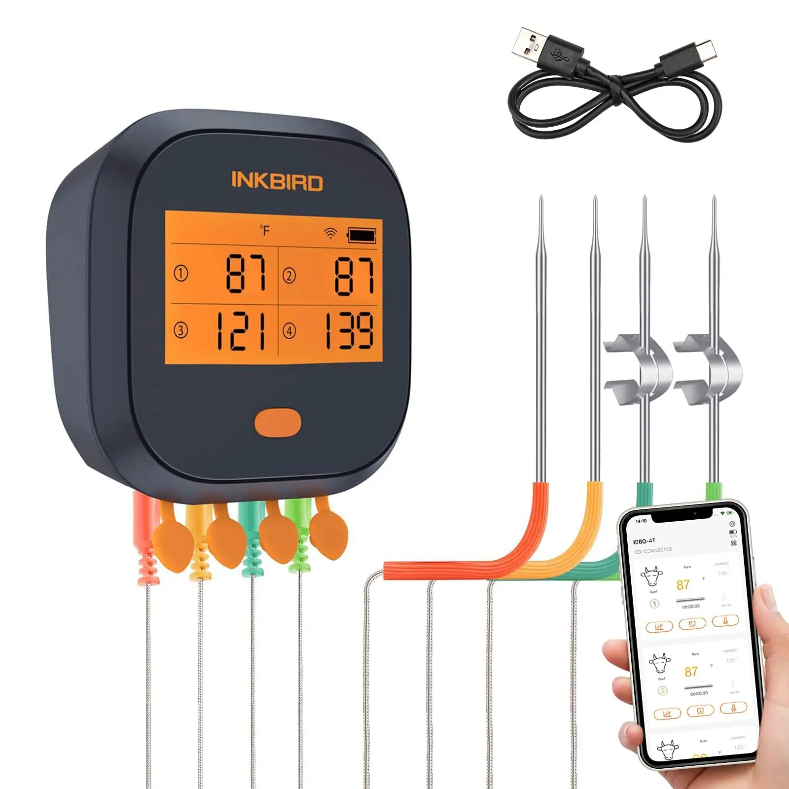 INKBIRD IBBQ-4T Wifi Meat Thermometer with 4 Probes 2000mAh Rechargeable Battery BBQ Digital Thermometer for Kitchen,Oven,Smoker