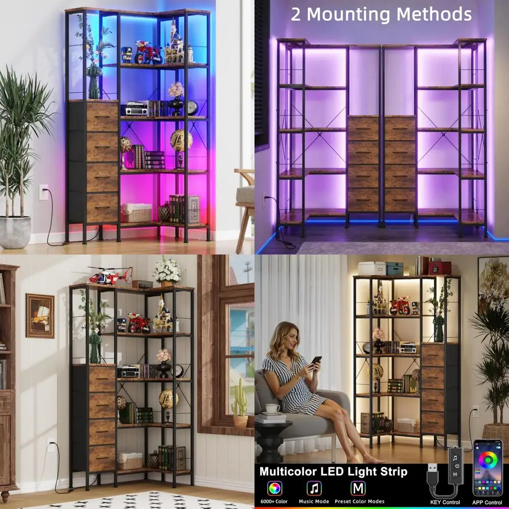 5-poziomowa półka narożna z oświetleniem LED, szufladami z tkaniny i półką ekspozycyjną, duży rozmiar, styl industrialny