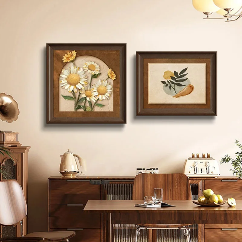 2 Pcs Framed Canvas Wall Art Daisy Flower Lemon Branch, Wood Frame Farmhouse Botanical Painting for Living Room Bedroom Entryway