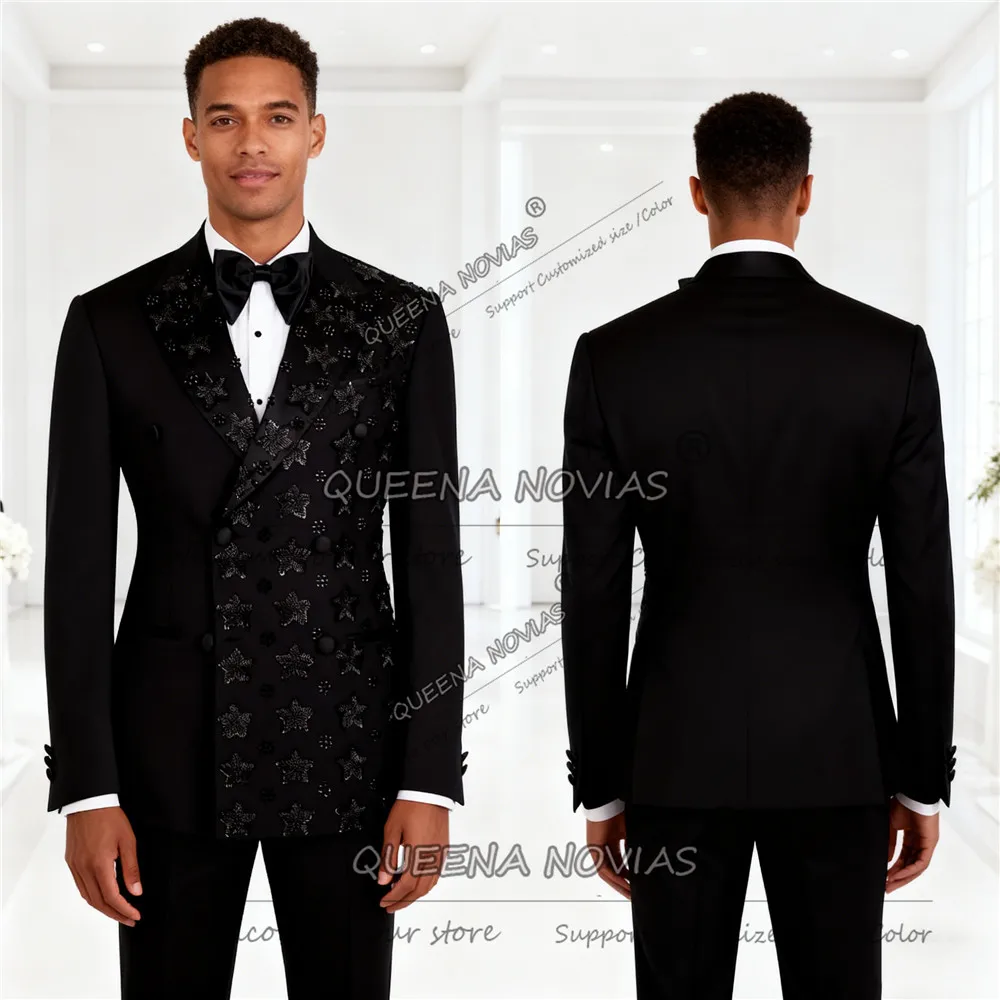 

Exquisite Beads Crystals Suit Men Double Breasted Prom Blazer Outfit Customized Groom Wedding Tuxedo 2 Pieces trajes para hombre