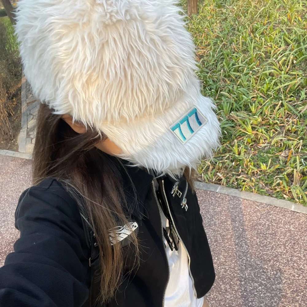 Y2K Number 777 Colorful Embroidery Long Plush Baseball Hats for Women Men Autumn Winter Street Hipster Fur Truck Cap Female