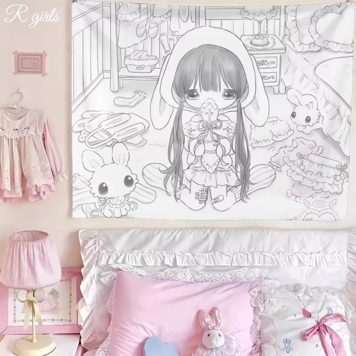Japanese Anime Angel Girls Tapestry, Kawaii Line Art Wall Hanging, Ins Style Bedroom Dorm Decor, Aesthetic Cute Background Cloth