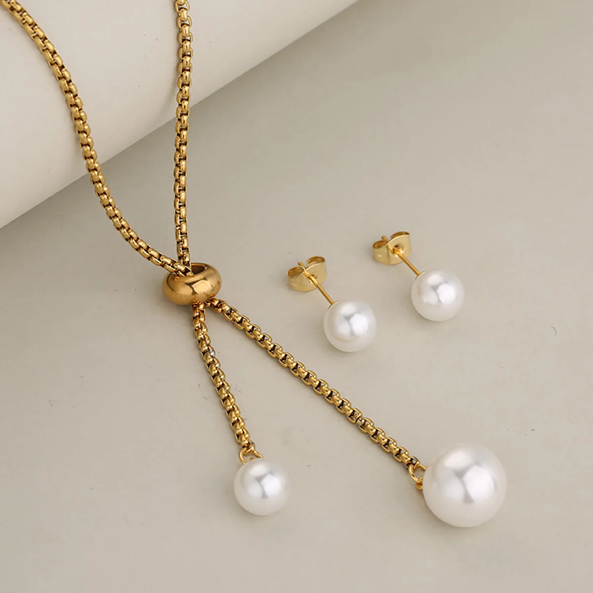 Simple & Exquisite Round Pearl Adjustable Square Pearl Pull Necklace Earrings Stainless Steel Set for Women, Daily All-Match