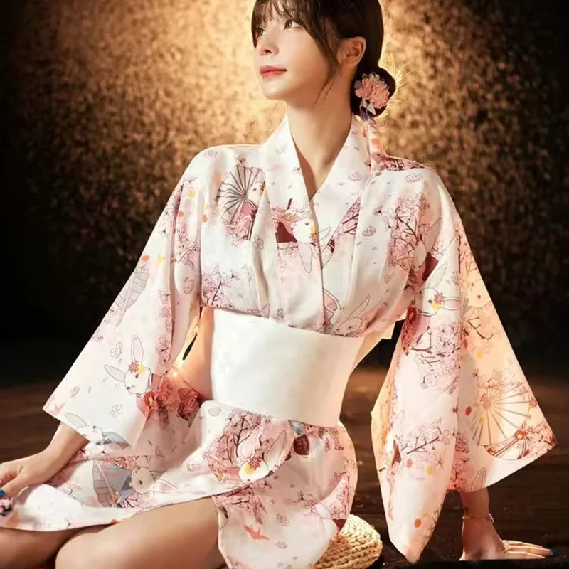 

Kimono for Women Japanese Traditional Yukata Haori with White Obi Printed Photography Dress Stage Performing Long Robe Costume