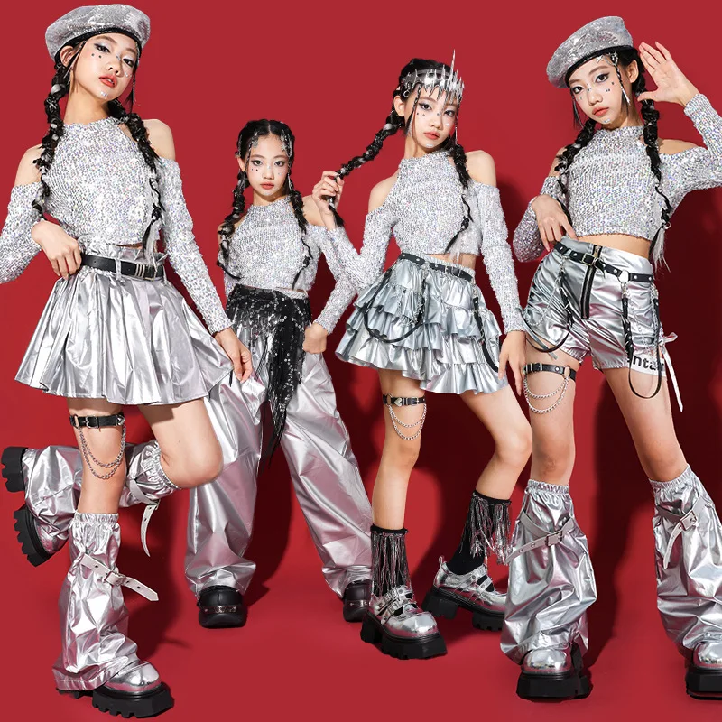 Hip Hop Sequin Off Shoulder Crop Top Silver Skirts Dance Shorts Girls Jazz Pants Clothes Set Child Streetwear K-pop Costume