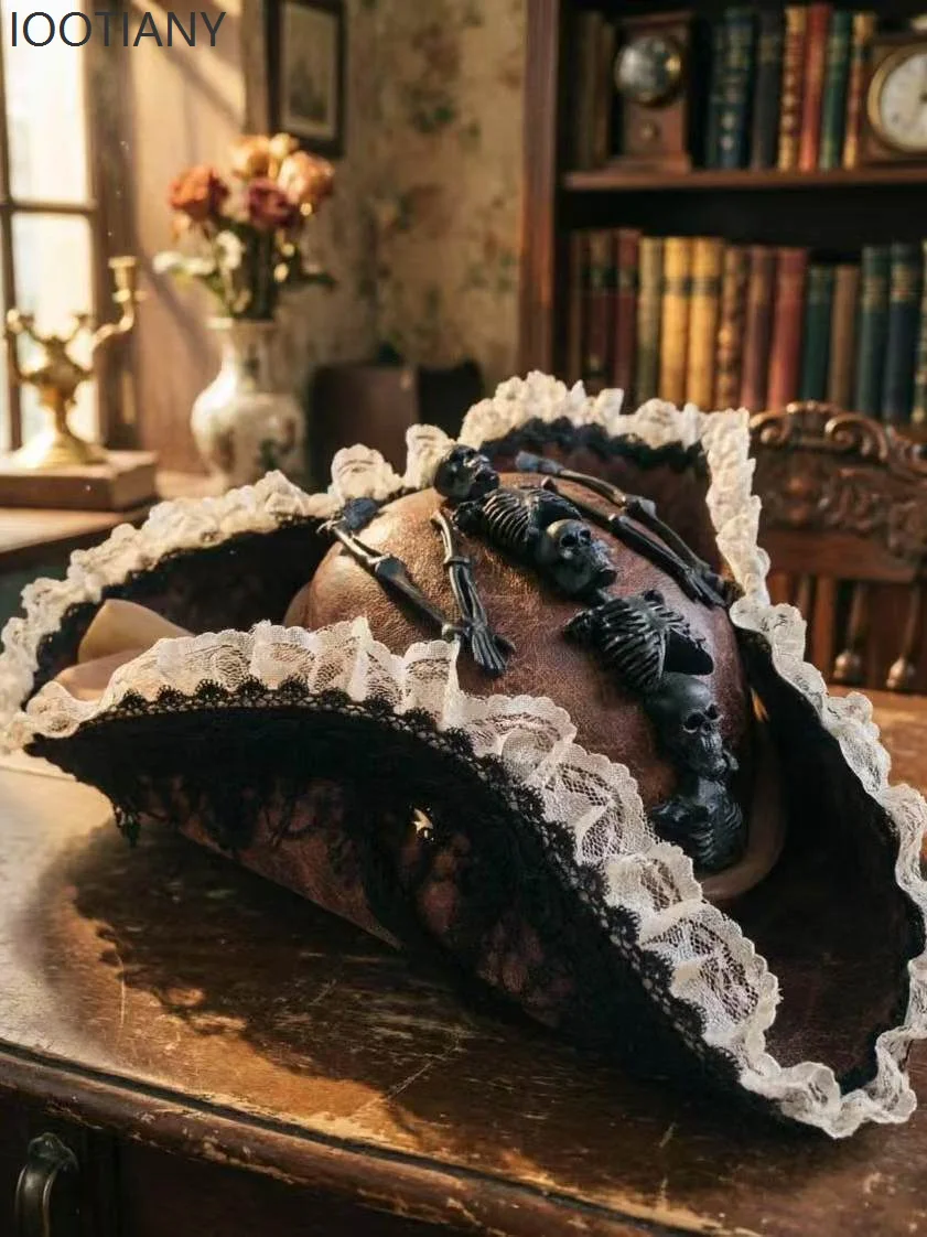 Vintage Brown Pirate Tricorn Hat Gothic Steampunk Skull Skeleton Decor Hats Retro Lace Trim Stage Party Cosplay Costume Headwear view 2