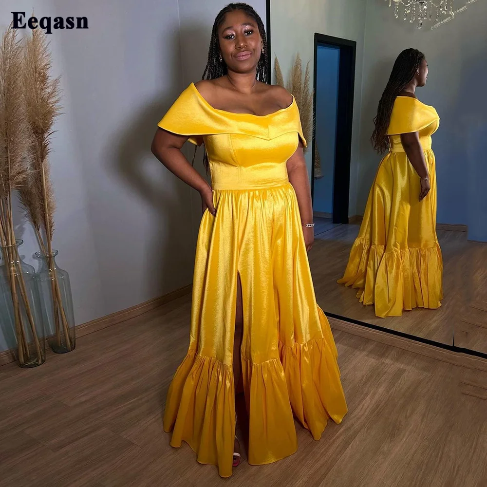 

Eeqasn Yellow Taffeta Formal Evening Dresses Cap Sleeves Floor Length A Line Slit Simple Party Event Prom Gowns Saudi Arabic