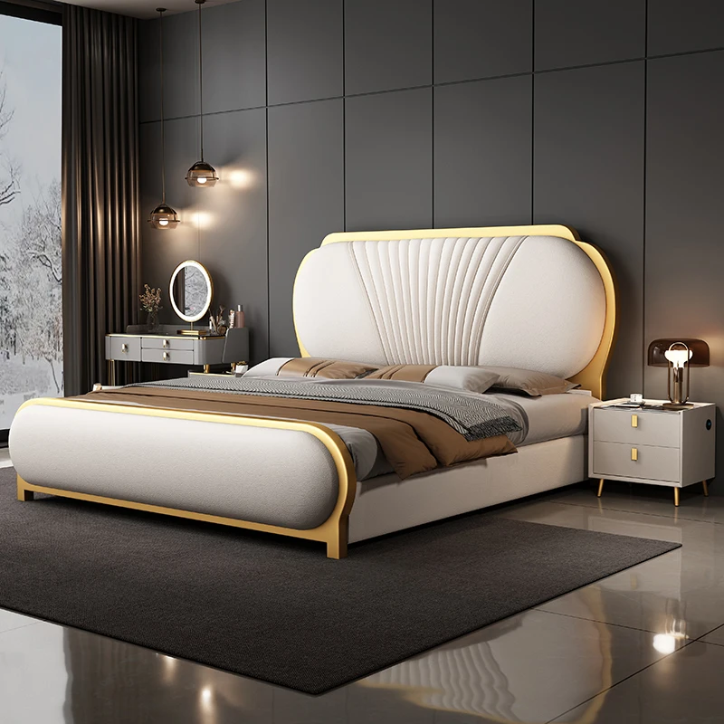 Modern Luxury Wood Bedroom Furniture Soft Up-holstered Beds king Side Double Bed Frame with Storage Mattress Set Princess Design