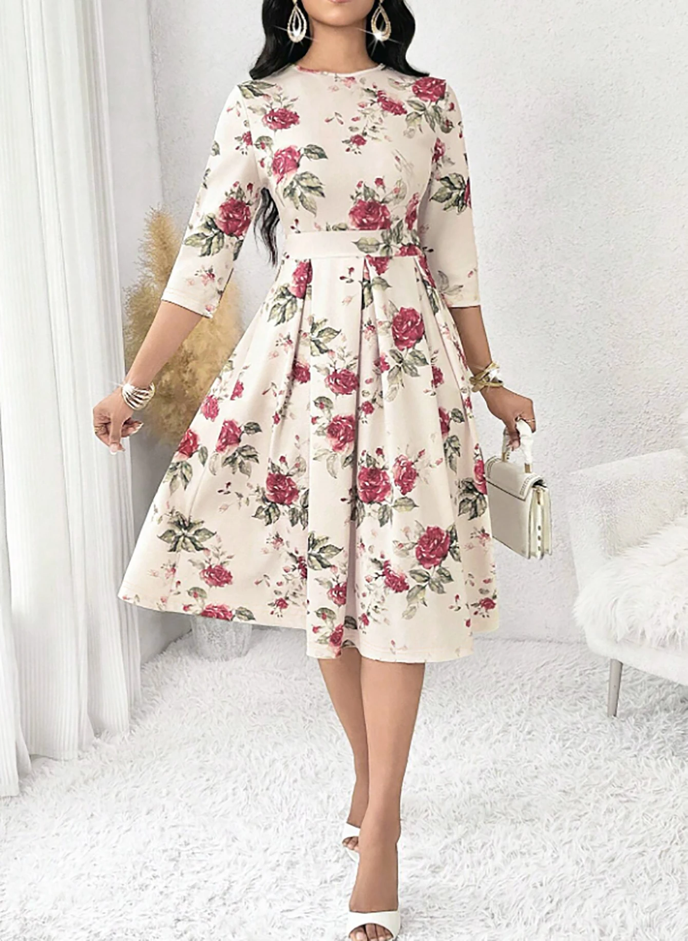 Robe midi pour femme, printemps-été, imprimé floral, manches 3/4, col rond, évasée, élégante, chic, romantique, pour rendez-vous, fête, vacances