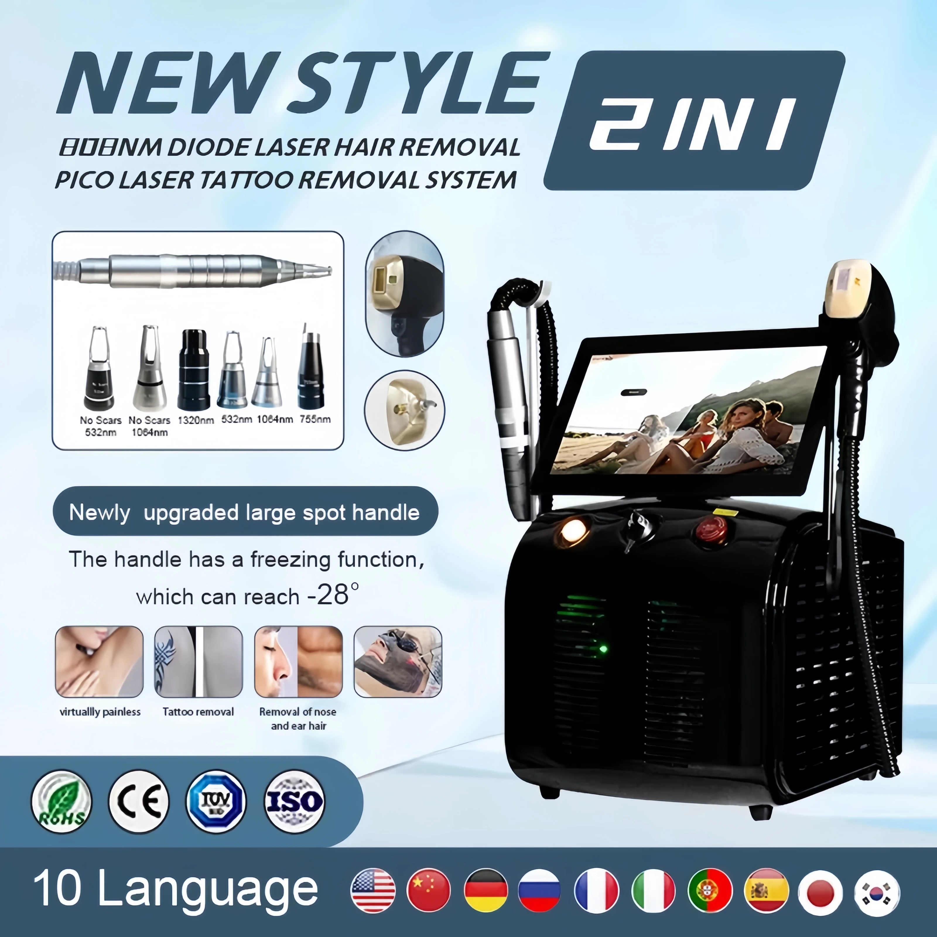 

808nm Diode Laser Hair Removal 2IN1 Picosecond 4000W Body Best Results Alexandrit Permanent Cooling Head Painless Epilator