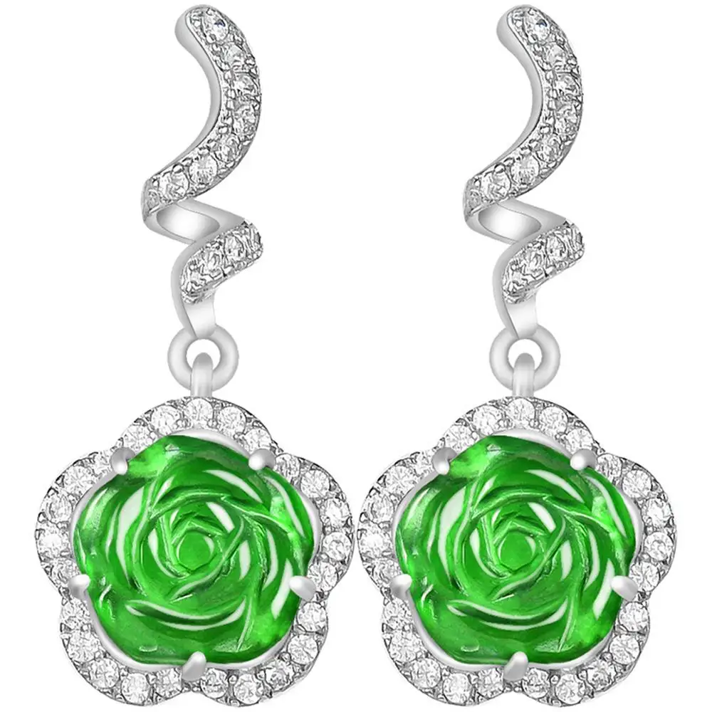 Natural A-grade Jadeite Yanglv Rose Earrings S925 Silver Inlaid Ice-type Jade High-grade Fashion Jewelry Exquisite Holiday Gifts
