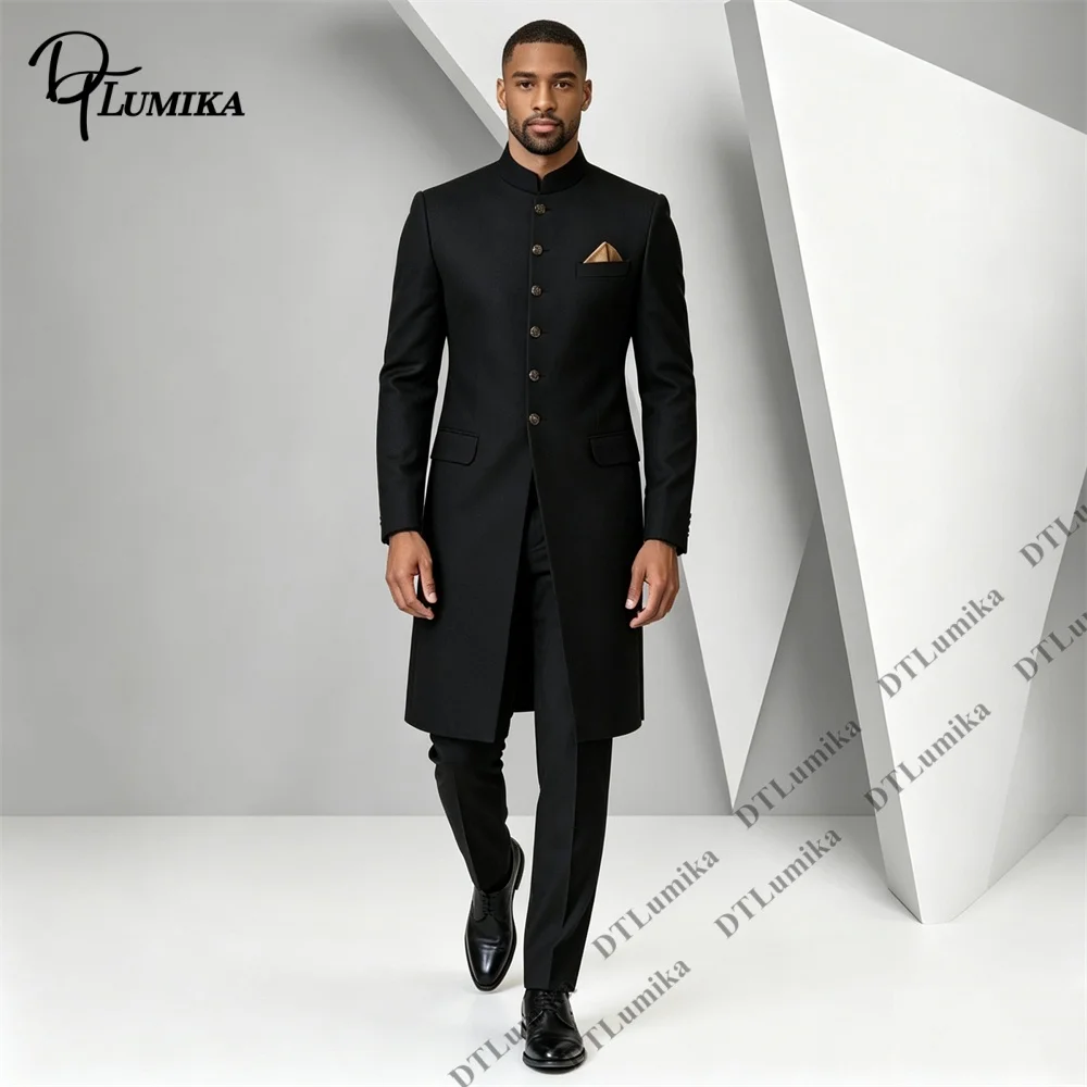 Stand Mandarin Collar Men's Black Long Suit 2 Piece Bandhgala Nehru Jacket with Pants Single Breasted Mid Length Tuxedo Prom