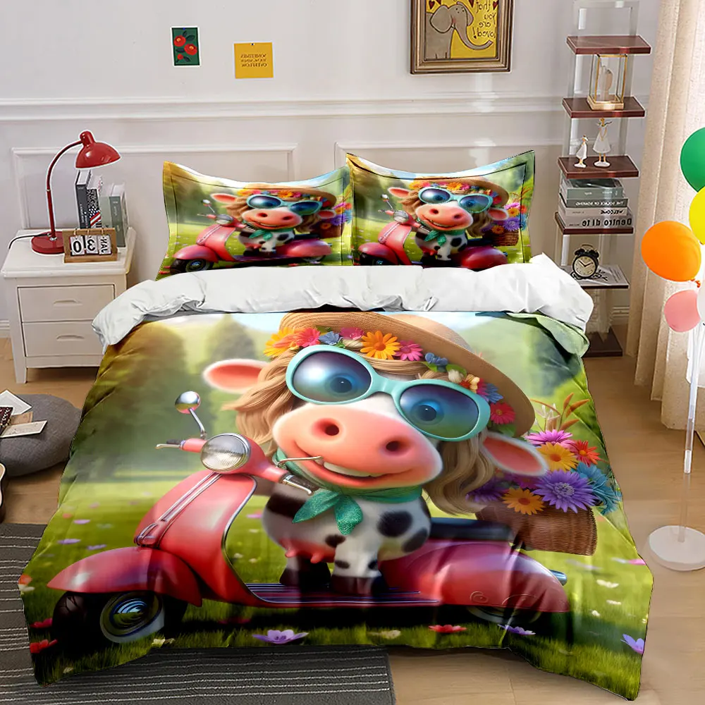Cow riding pink scooter. Print Bedding Set 1 Duvet Cover 2 Pillowcases for Adult and Children Luxury Gift Full Size