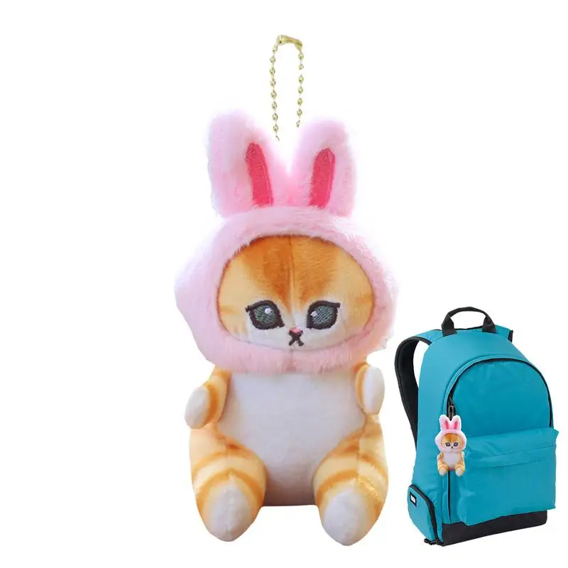 Cute Cat Plush Keychain Stuffed Animal With Bunny Hat Plush Keychain Pendant Purse Backpack Hand Bag Charm For Kids Birthday