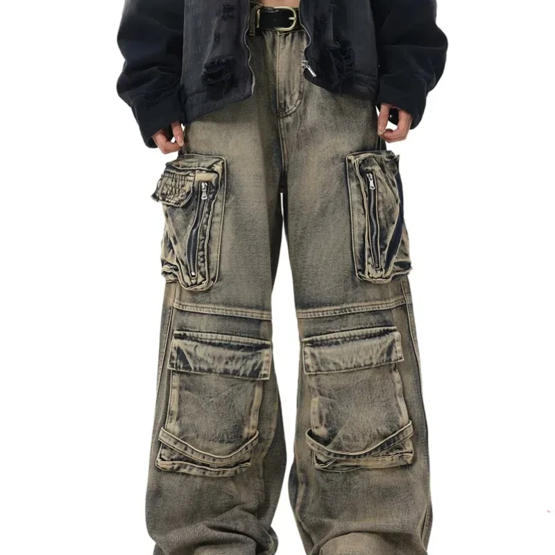 

High Street Washed Distressed Pocket Jeans Men Women Loose Casual Cargo Pant Wide Leg Pants Men Trouser High Quality Denim Pant