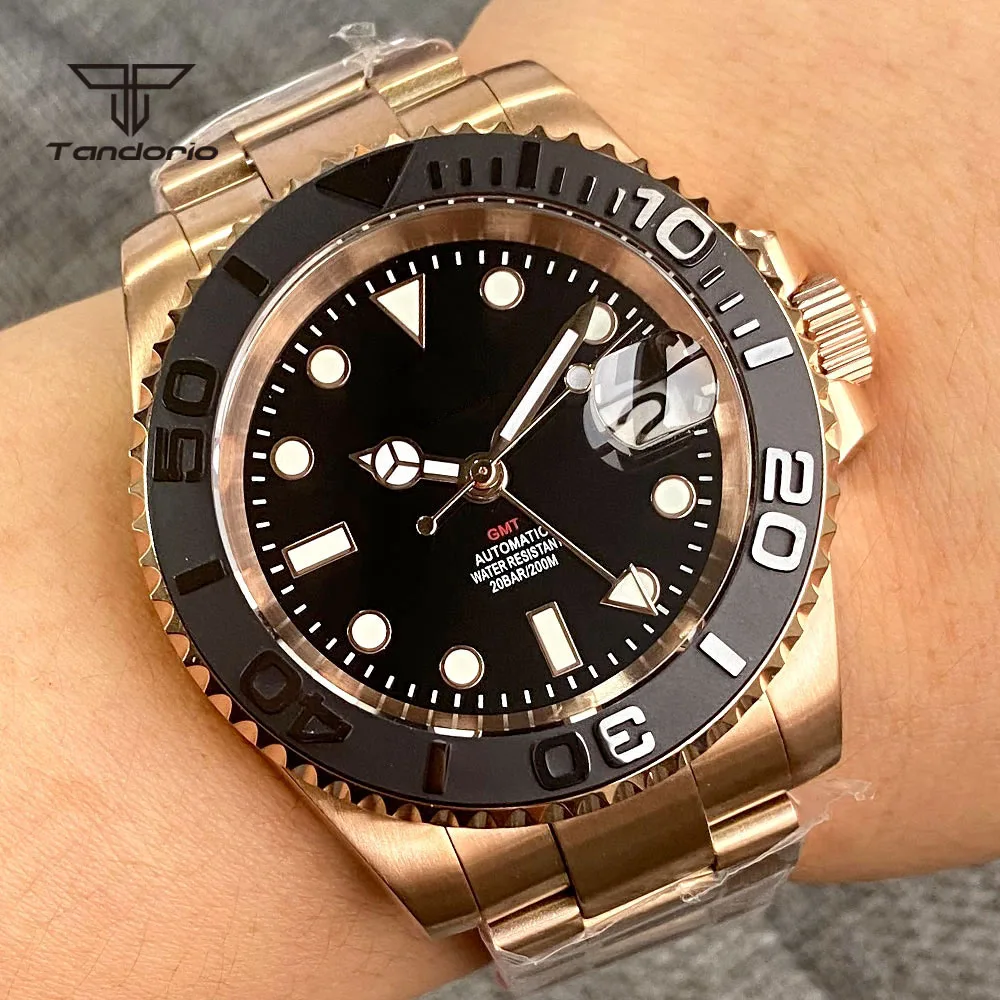 Tandorio Rose Gold Coated 200M GMT NH34A Men Automatic Dive Watch 120 Clicks Rotating Bezel Screw Crown Sapphire Glass Auto Date