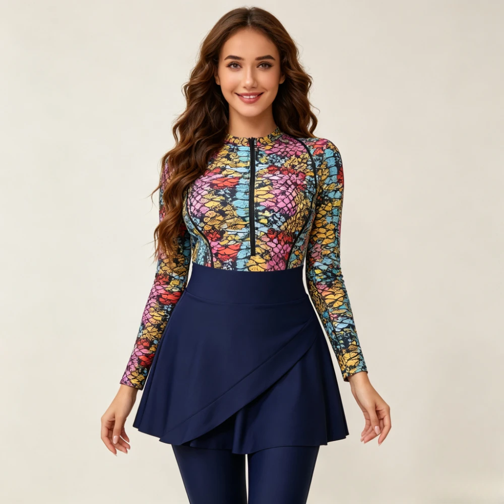 3 Pieces Print Modest Burkini Swimsuit Women Zip Long Sleeve A-Line Skirt Full Leggings Hijab Islamic Full Coverage Bathing Suit