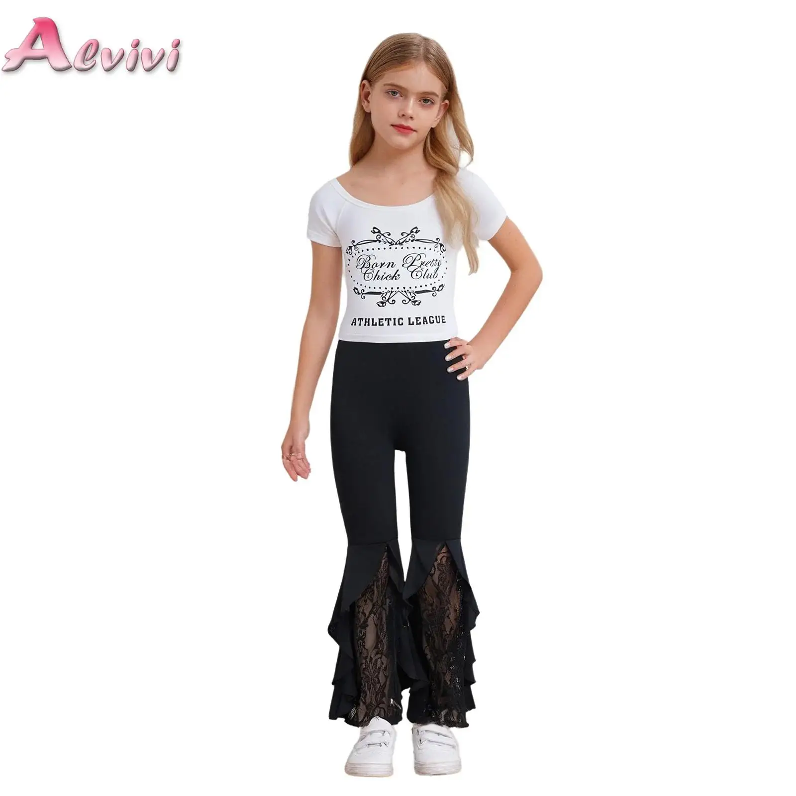 

Kids Girls 2-Piece Fashion Outfit Short Sleeve Letter Printed Top with Lace Ruffled Bell-Bottom Pants Clothes Sets Streetwear