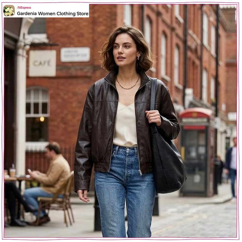 

Spring & Autumn Classic Cropped Faux Leather Bomber Jackets for Women Vintage High Neck Long Sleeve Zippered Jacket with Pockets
