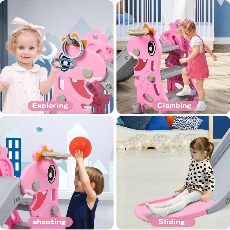 Dinosaur Slide Kids Toddler Indoor Slide Playset Indoor Outdoor Playground Toddler Climber Playset with Basketball Hoop