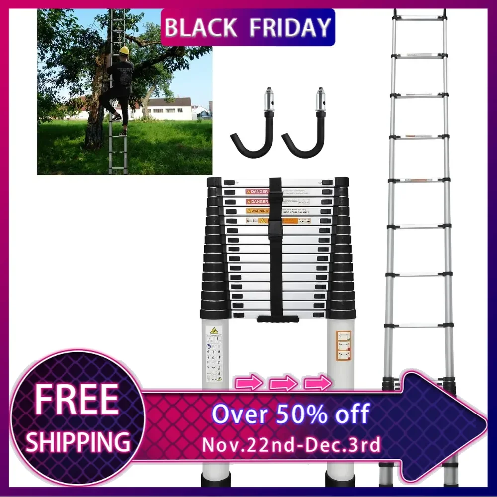 

Portable Telescoping Ladder, 20ft/6.2M Aluminum Folding Ladder Expandable Ladder with 2 Detachable Hooks Anti-Slip Rubber Feet
