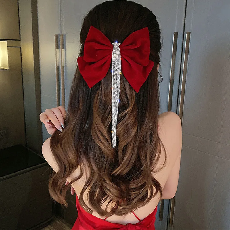 Bridal Red Bow Hair Claws for Women Engagement Rhinestone Tassels Hairpin Wedding Girls Hair Accessories Wholesale