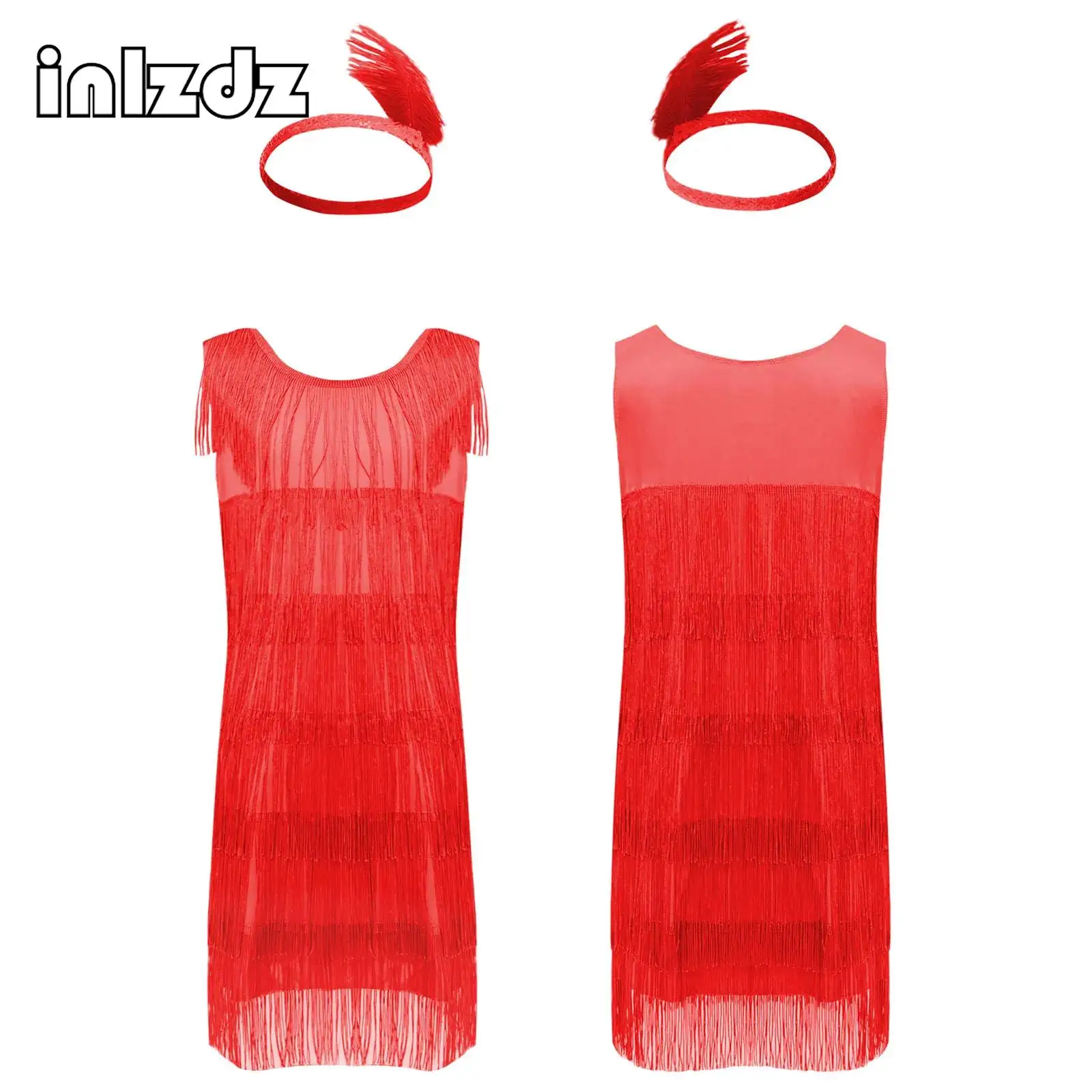 

Kids Girls Latin Dance Dress Outfit Round Neck Sleeveless Tiered Tassels with Feather Headwear Cha-Cha Tango Stage Performance