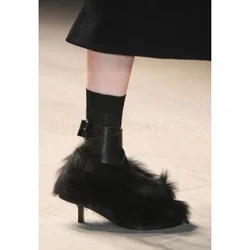 Black Fur Decor Pointed Toe Runway Ankle Boots Buckle Strap Women Shoes Thin High Heels Fashion Party 2024 Zapatos Para Mujere