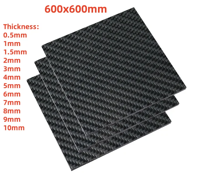 

600 X 600mm 0.5/1/1.5/2/3/4/5/6/7/8/9/10mm Thickness Pure Carbon Fiber Sheet Plate Board High Strength light weight Material
