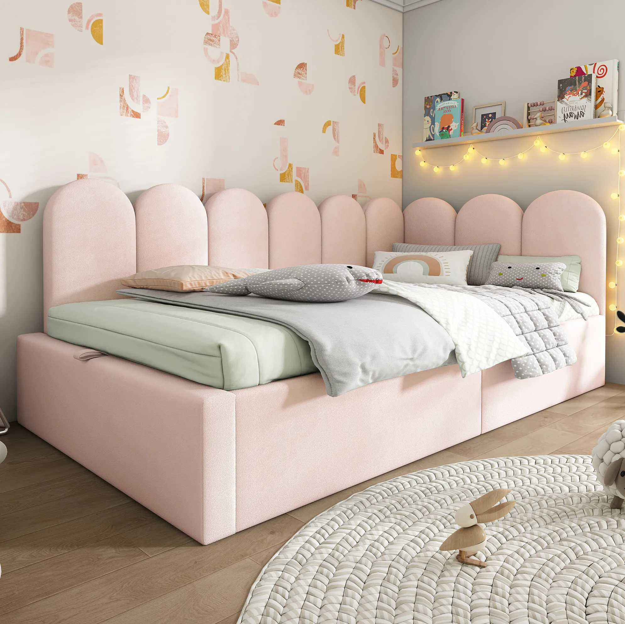WUVRIE Roze Fluwelen Dagbed 90x190 cm met Hydraulische Opbergruimte en Metalen Lattenbodem, Bedframe met Bekleding zonder Matras
