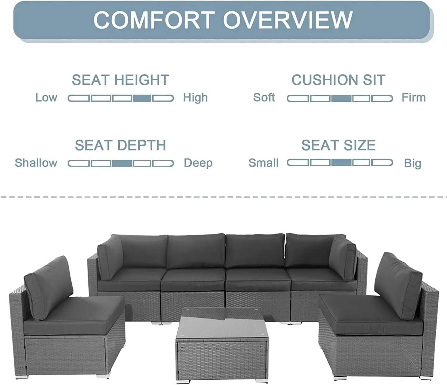 Conjunto de sofás para muebles de exterior, sofá seccional de mimbre gris para todo tipo de clima,