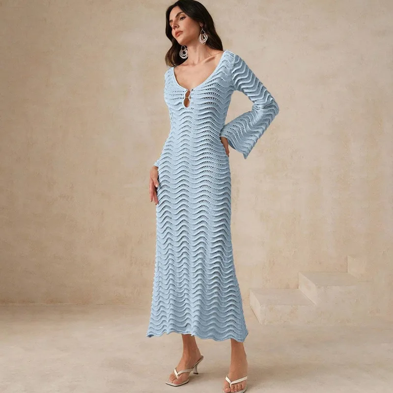 

Tuularose V Neck Strappy Long Dress Women's Solid Sexy Knitted Beach Vacation Bikini Dress Casual Hollow Long Sleeve Party Dress