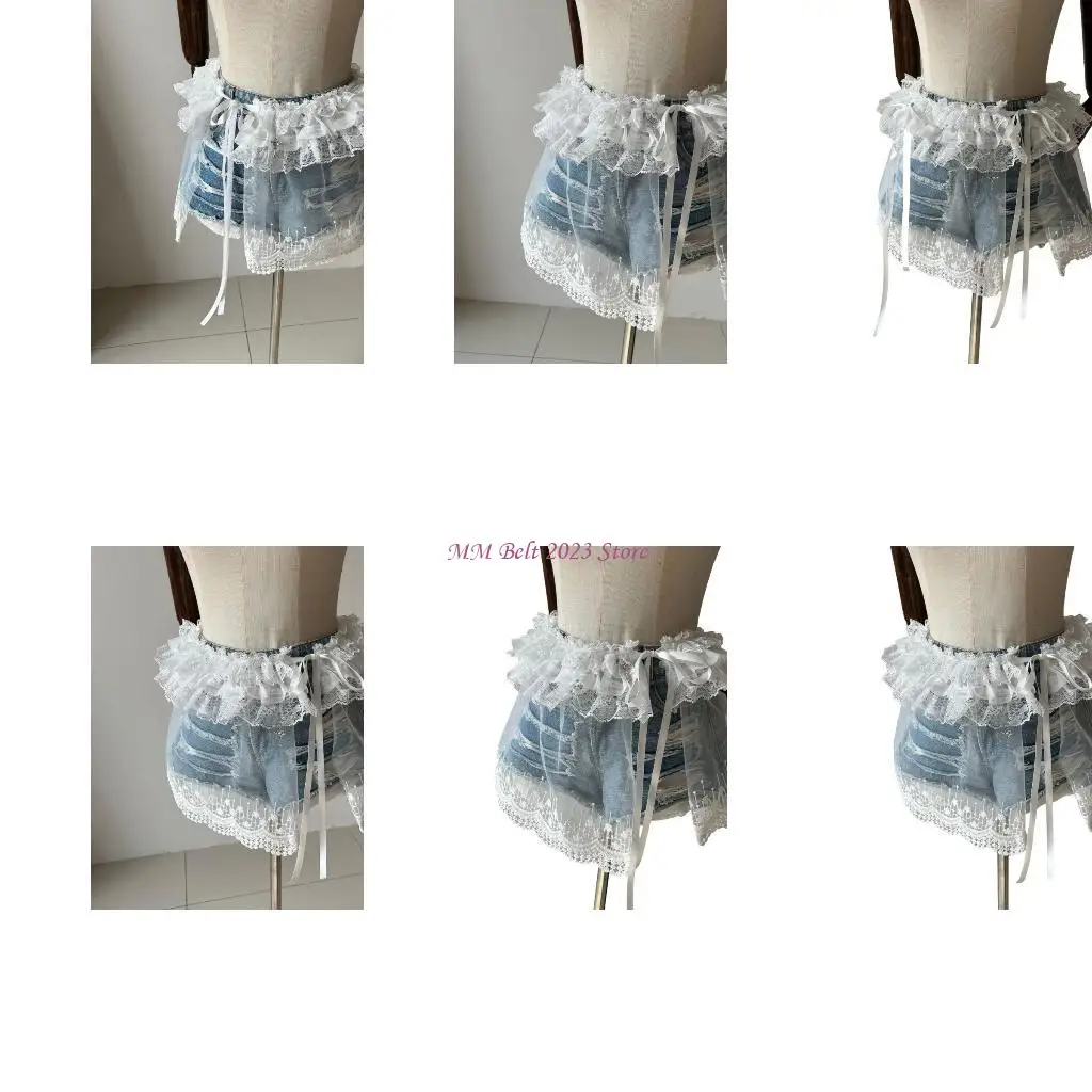 

49ME Aesthetic Layering Half Skirt Tiered Ruffle Lace Hip Covering Mini Apron Skirt Tie Waist Mesh Shirt Extender Overskirt