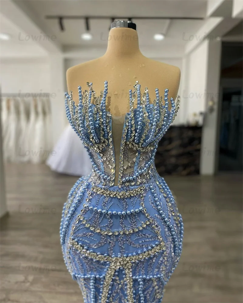 2024 Blue Pearls Wedding Party Dress Women Arabic Evening Dresses Gowns Aso Ebi Birthday Engagement Prom Gowns Robes Custom Made