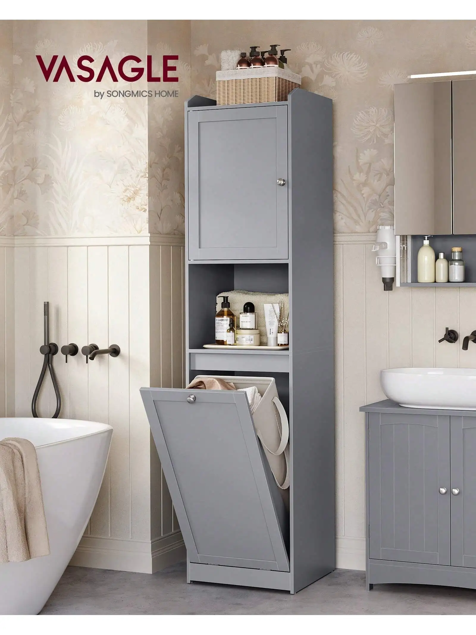 VASAGLE mobile da bagno alto con cesto della biancheria, borsa per vestiti rimovibile, scomparto con porta, 40x40x170cm, grigio colomba