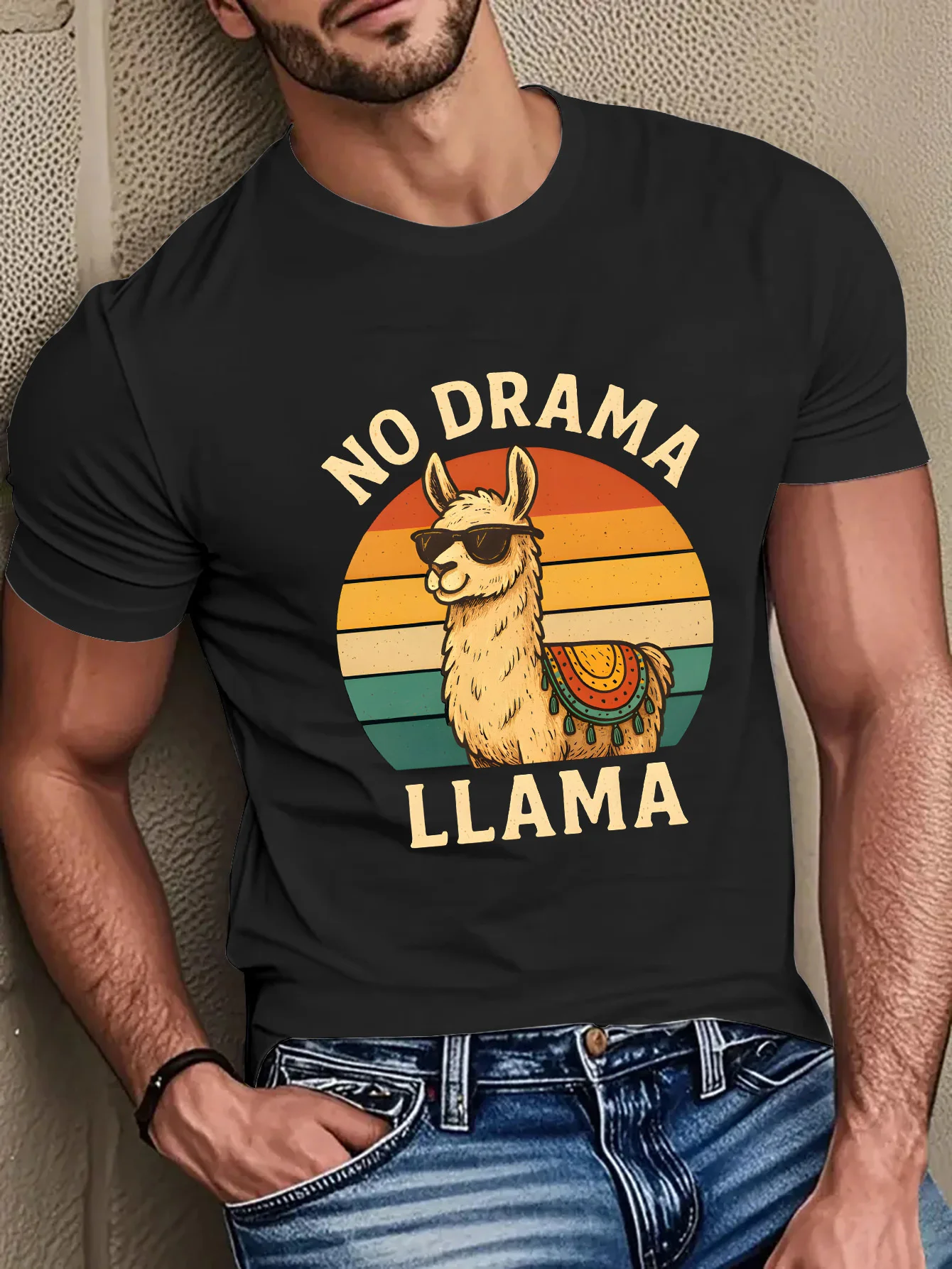 Men Black Crew Neck Tee Vintage Rainbow Sunset Circle Cool Sunglass Llama No Drama Llama Humorous Animal Graphic Cotton Tops