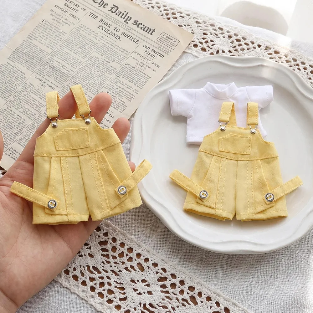 10-17cm Doll Clothes 2Pcs Set, Solid Overalls Skirt + White Inner T-shirt, Doll Dress Up Costume Accessories