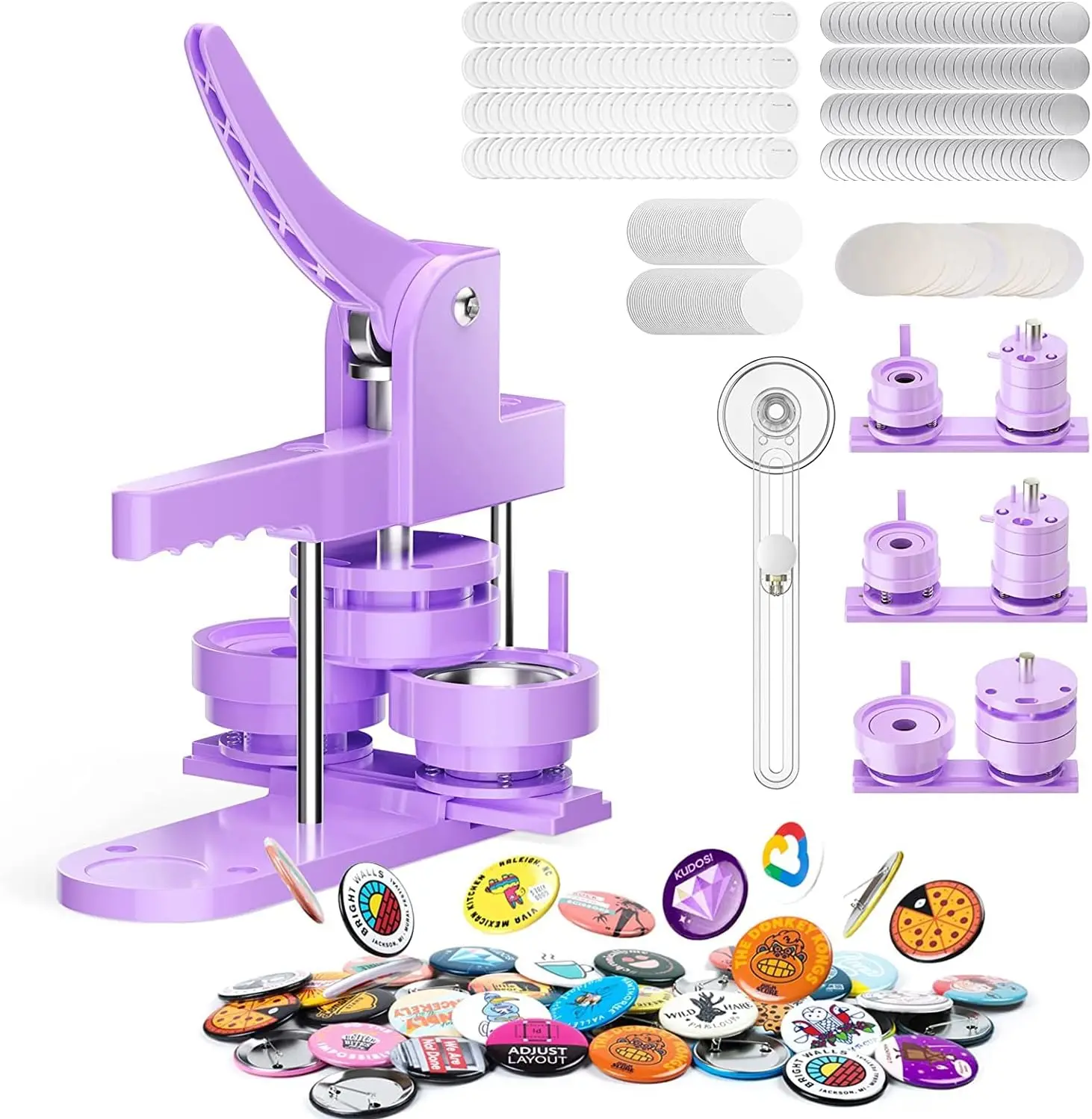 300pcs Button Pin Maker Machine Multiple Sizes 1''+1.25''+2.25'' Badge Button Press Machine W/Metal Pinback Button Refills & 3 B