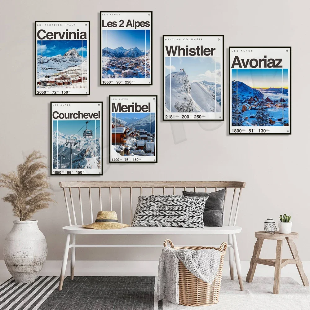 Meribel Ski, Avoriaz, Courchevel France Ski, Cervinia Italy, 캐나다 휘슬러 스키 리조트 파라다이스 포스터, Les Alpes, 스노우보드