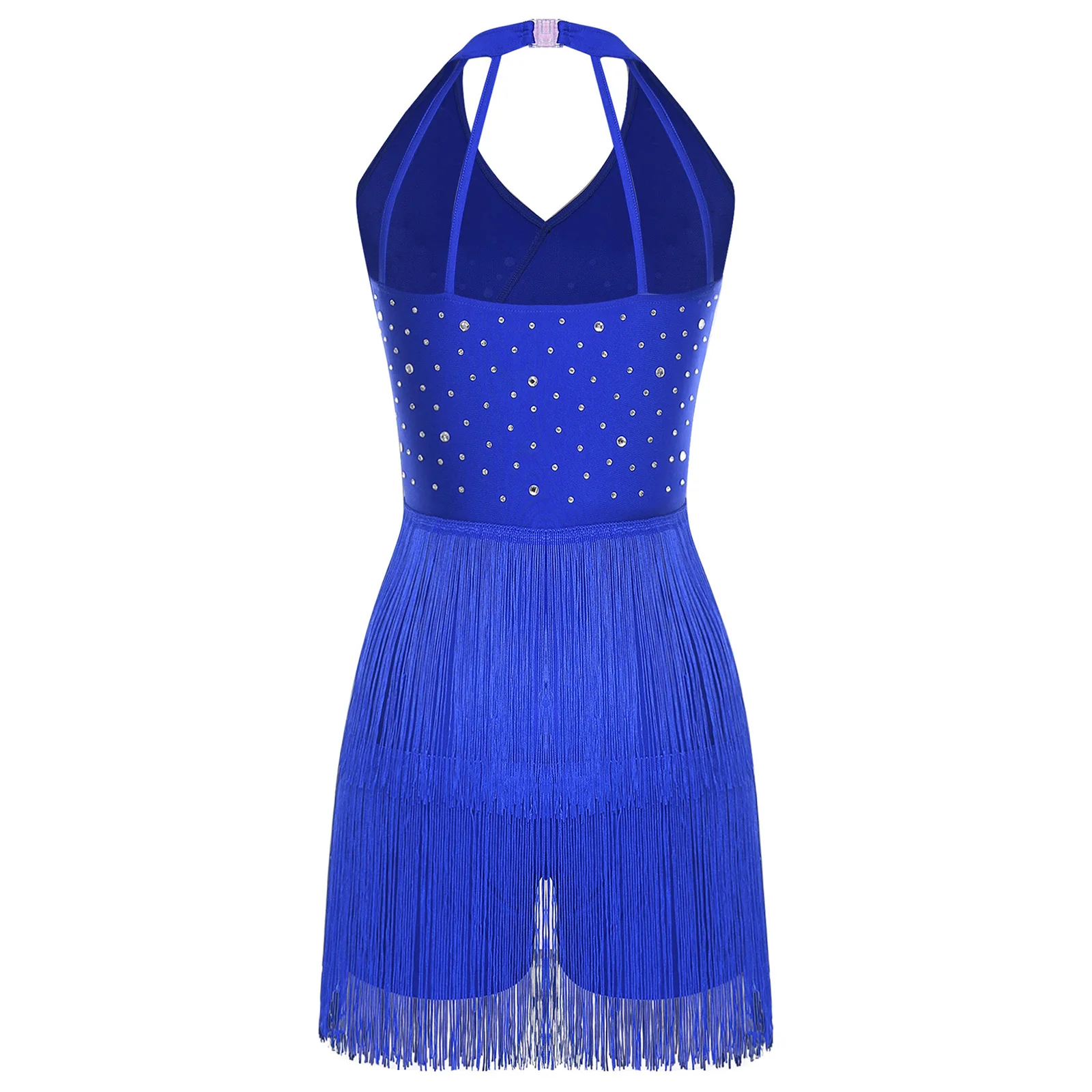 Damen-Overall für lateinamerikanischen Tango, Salsa, Jazz-Tanz, Performance-Kostüm, Neckholder, funkelnde Strasssteine, Fransen, Tanz-Trikot-Body