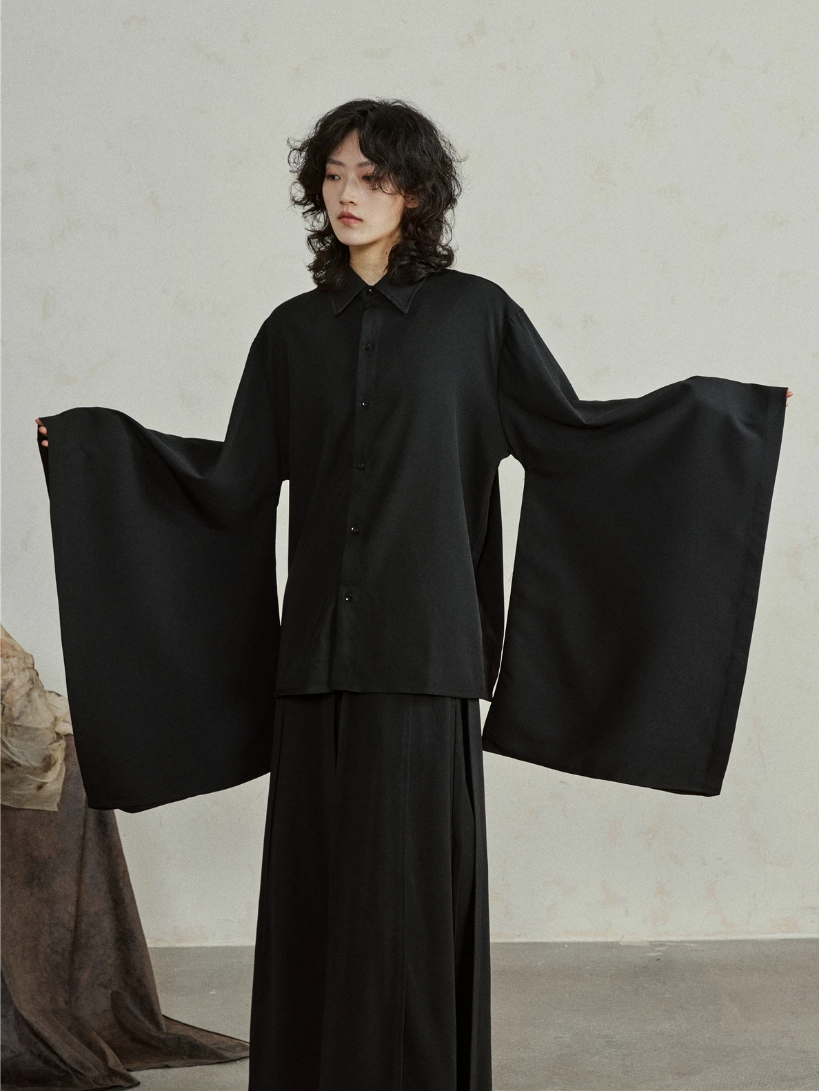 

Sunyvonne Chinese Sle Wide Sve irt Loose Fit Draped Loose Top k Color Original Design Pure Color Collar Long S...