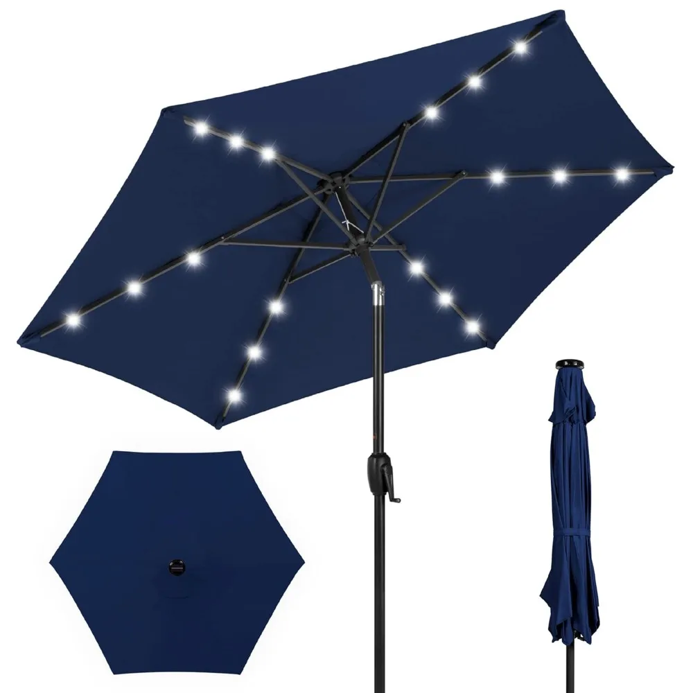 

7.5-foot Outdoor Solar Patio Umbrella with Tilt Function, Hand Crank and LED Lights, Customizable