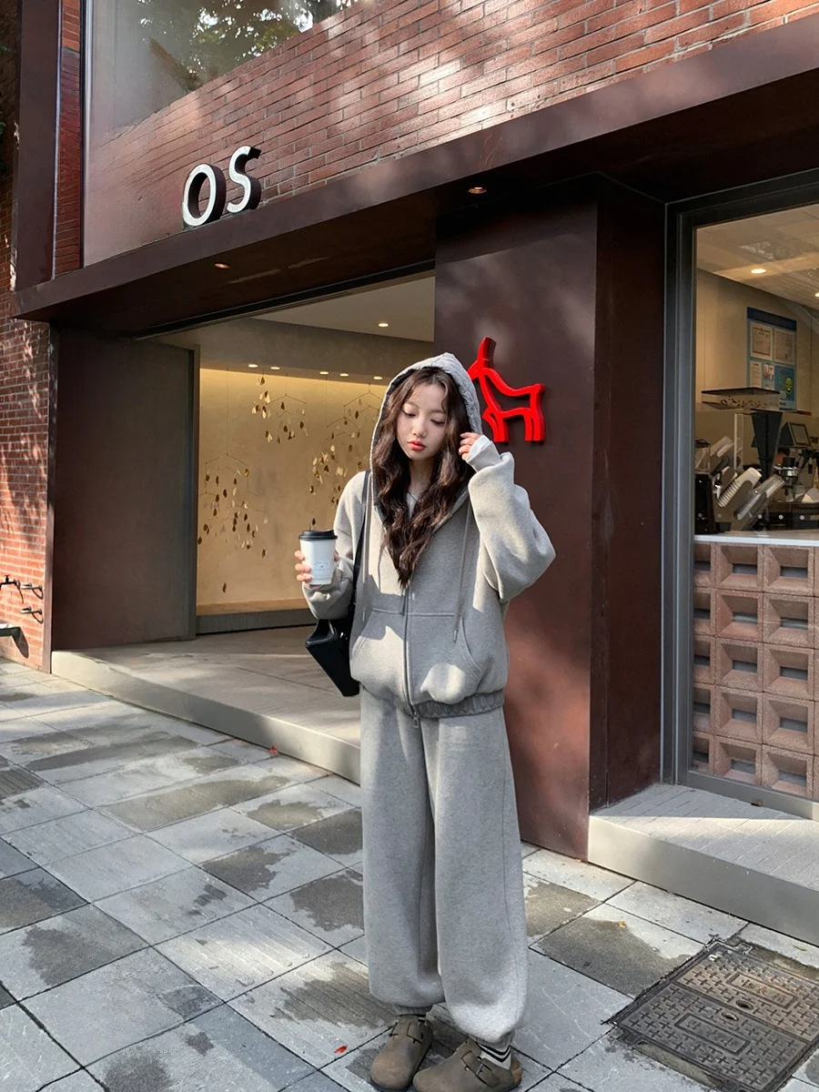 

Zhang Beibei Fce Lined Hooded Jaet High Waist Cuffed Casual Pants Brued Cotton Set Women's Faion Ensemble
