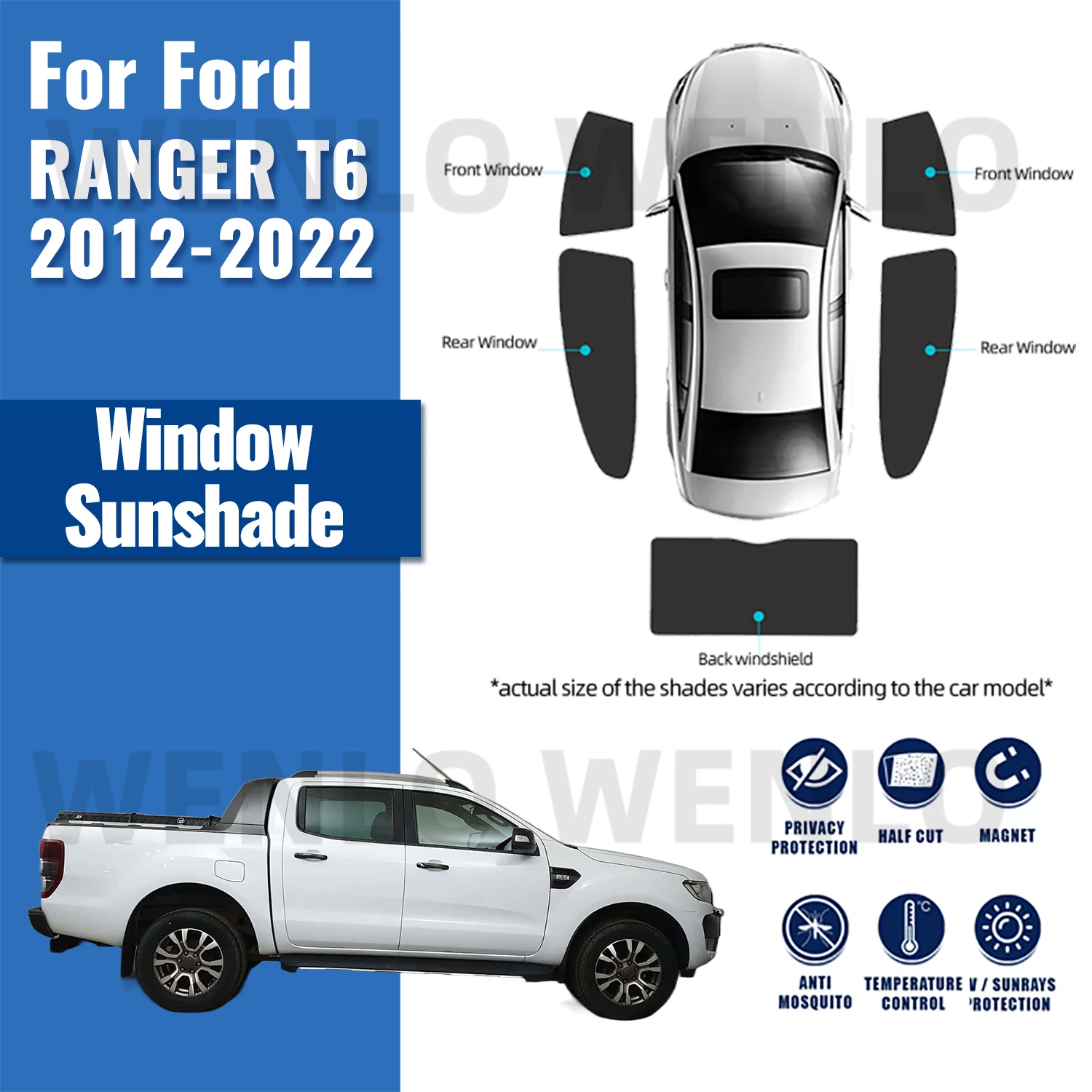 For Ford RANGER T6 2012-2022 Pickup Magnetic Car Sunshade Visor Front Rear Windshield Frame Curtain Side Window Sun Shade