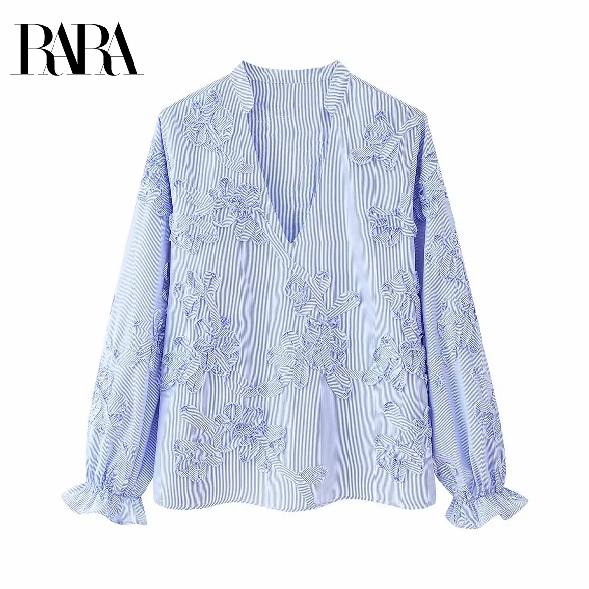 

RARA Women's Summer New 3D Floral Applique Decorated Casual Elegant V - Neck Long Sleeve Striped Shirt Top