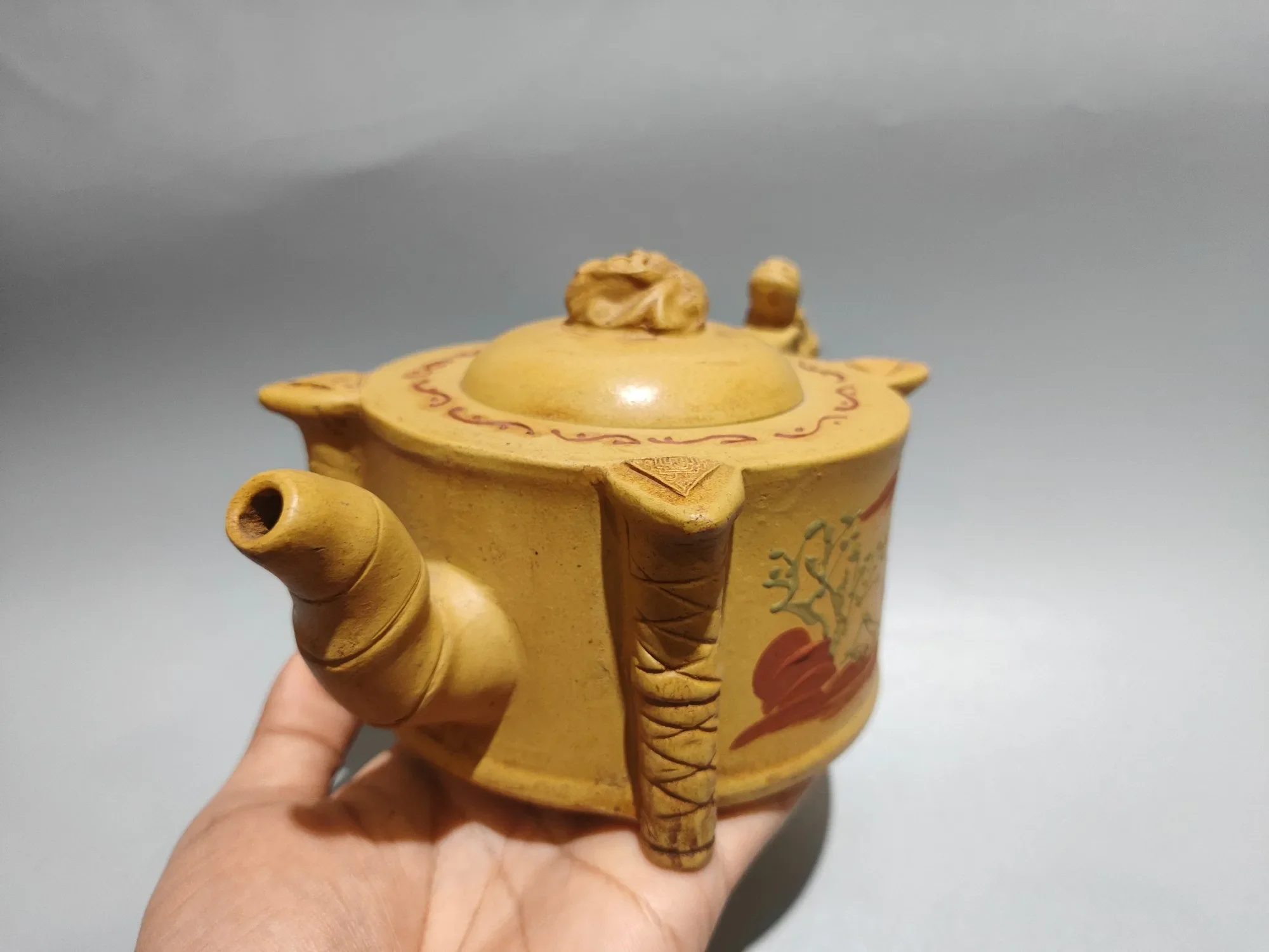 8' Old Yixing Purple Clay Teapot Huangduan Sand Chi Long Handle Pot Mud Painted Leaf Landscape Pot Kettle Teapot Amass Wealth
